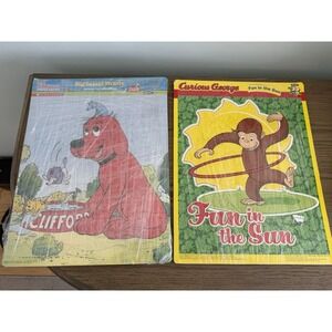Vintage Clifford & Curious George Wood Inlay Kids Puzzle Lot RoseArt Preschool